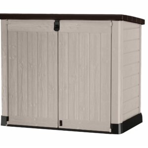 Keter Store It Out Pro Outdoor Garden Furniture Storage Shed Beige with Brown Lid Fade Free All Weather Resistant Safe and Secure Zero Maintenance 5 year Warranty