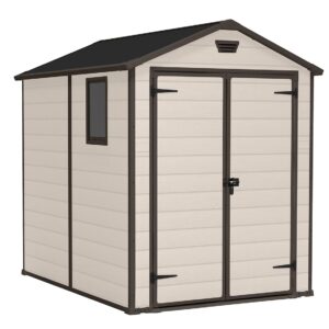 Keter Manor Outdoor Apex Double Door Garden Storage Shed 6 x 8ft Beige Brown Wood effect | Fade Free | All Weather Resistant | Safe and Secure | Zero Maintenance | 15 year Warranty