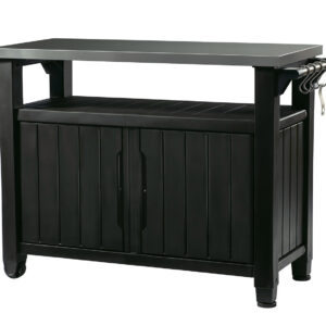 Keter Unity XL Outdoor Portable Table and Storage Cabinet with Hooks for Grill Accessories Stainless Steel Top for Patio, Kitchen, Island or Bar Cart, Dark Grey