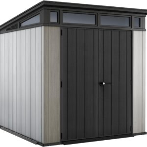 Keter Artisan Outdoor Pent Double Door Garden Storage Shed 7 x 7ft Grey Duotech+ Wood look and feel, Fade Free, All Weather Resistant, Safe and Secure, Zero Maintenance