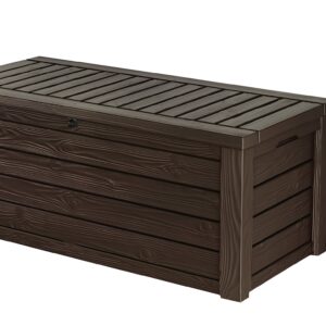 Keter Westwood 570L Outdoor 75% recycled Garden Furniture Storage Box Brown Wood Panel Effect ; Fade Free ; All Weather Resistant ; Safe and Secure ; Zero Maintenance ; 2 year Warranty