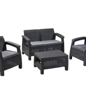 Keter GF06784 Corfu Outdoor 4 Seater Rattan Sofa Furniture Set with Accent Table - Graphite with Cream/Mushroom Cushions