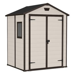 Keter Manor Outdoor Apex Double Door Garden Storage Shed 6 x 5ft Beige Brown Wood effect | Fade Free | All Weather Resistant | Safe and Secure | Zero Maintenance | 15 year Warranty